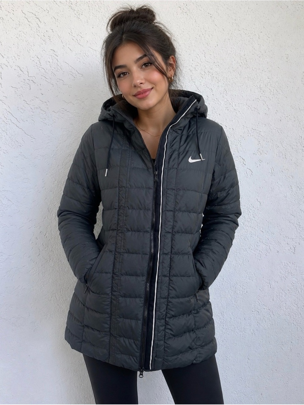 Nike Women’s Long Puffer Jacket Coat – Black Hooded Duck Down Blend
